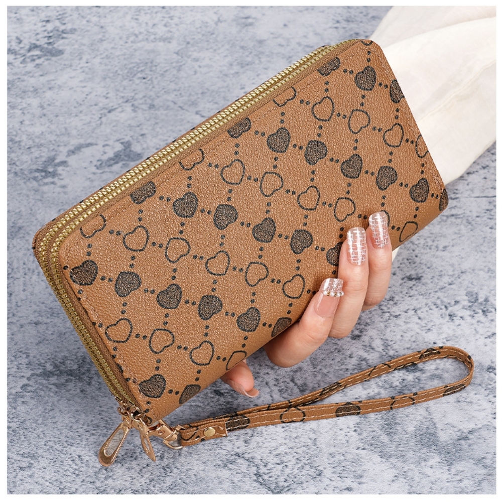 Womens Heart Design Color Brown Pu Leather Two Zipper Wallet